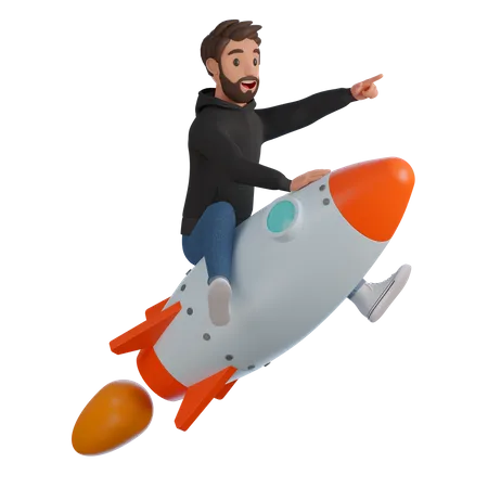 A Man In A Black Hoodie And Blue Jeans Is Flying On A Rocket 3 D Render Illustration 3D Illustration