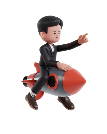 Businessman riding a rocket while pointing forward  3D Illustration