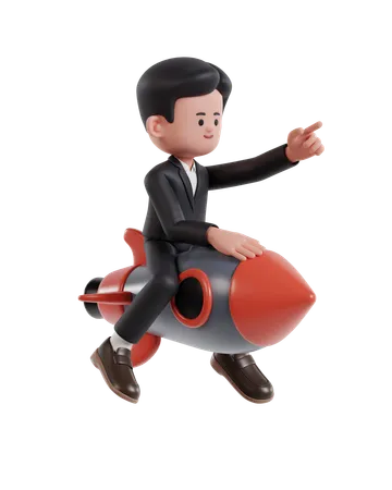 3 D Illustration Of Cartoon Businessman Riding A Rocket While Pointing Forward 3D Illustration