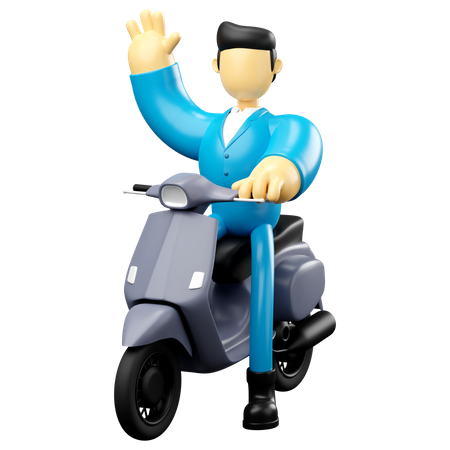 Businessman Riding Grey Scooter Waving Hand  3D Illustration