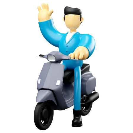 Businessman Riding Grey Scooter Waving Hand 3D Illustration