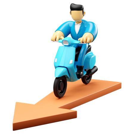 Businessman riding scooter on arrow 3D Illustration
