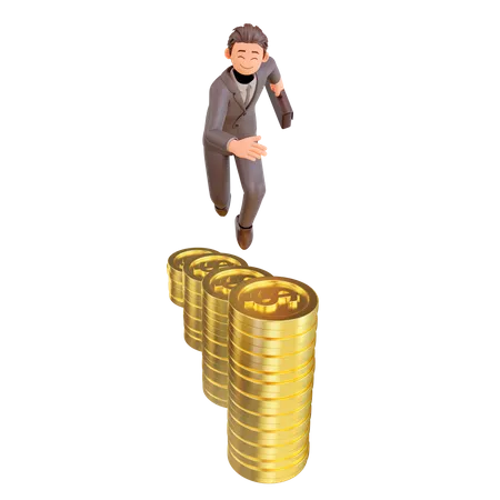 Businessman run with grow dollar coins 3D Illustration