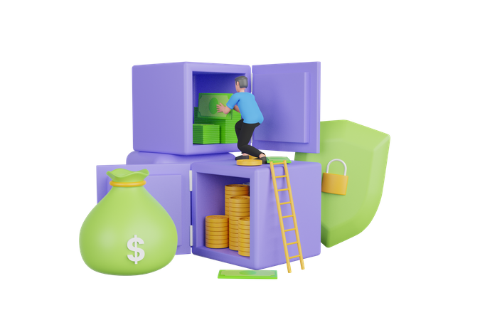 Businessman saving money in deposit box  3D Illustration