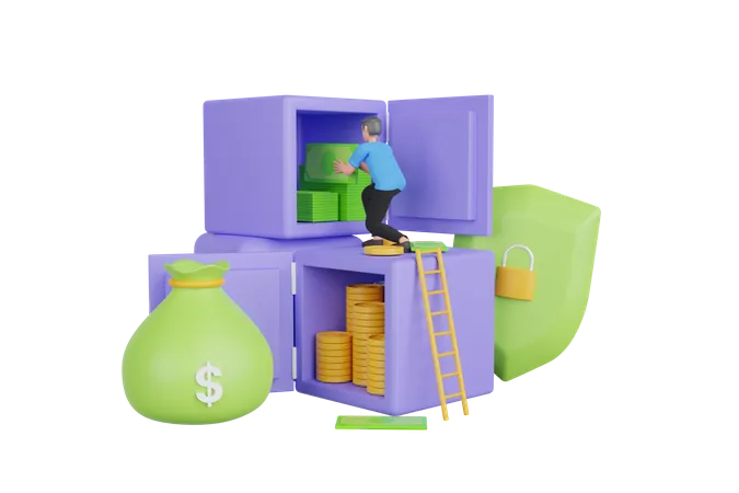 Businessman saving money in deposit box  3D Illustration