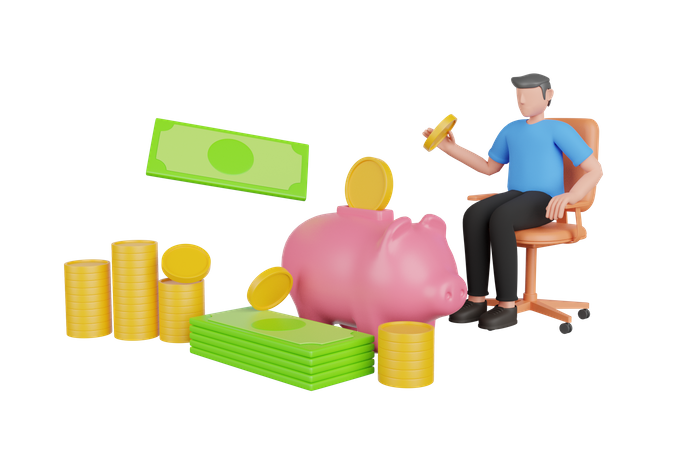 Businessman saving money in piggy bank 3D Illustration