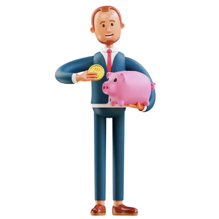 Businessman saving money in piggy bank  3D Illustration