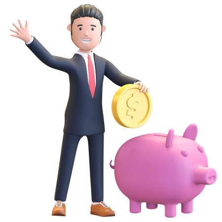 Businessman saving money in piggybank 3D Illustration