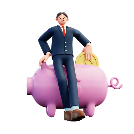 Businessman Saving Money On Piggy Bank  3D Illustration