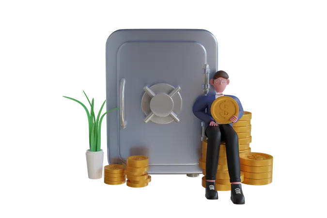 Businessman savings money in safe  3D Illustration