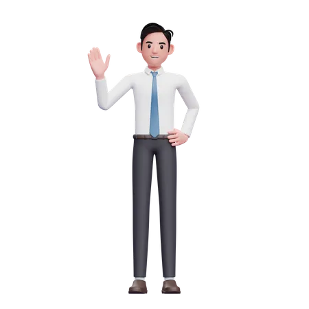 Businessman say hello, wearing long shirt and blue tie 3D Illustration