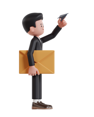 Businessman Sending Message With Paper Plane  3D Illustration