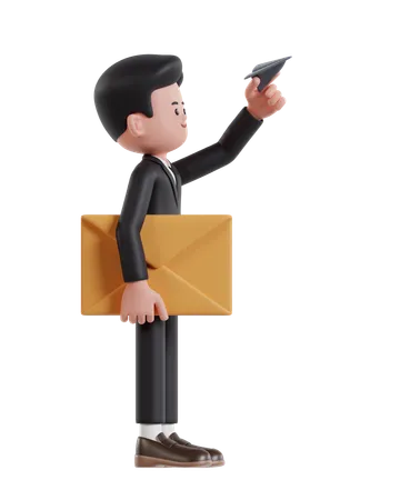 Businessman Sending Message With Paper Plane  3D Illustration