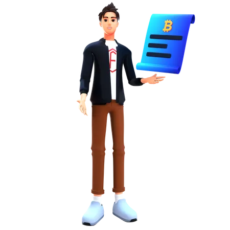 Businessman showing bitcoin invoice  3D Illustration