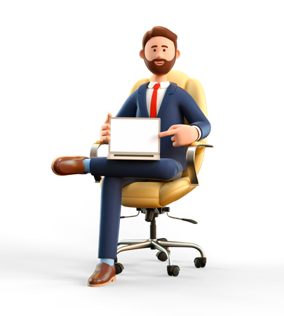 Businessman showing blank laptop screen 3D Illustration
