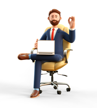 Businessman showing blank laptop screen and Ok gesture  3D Icon
