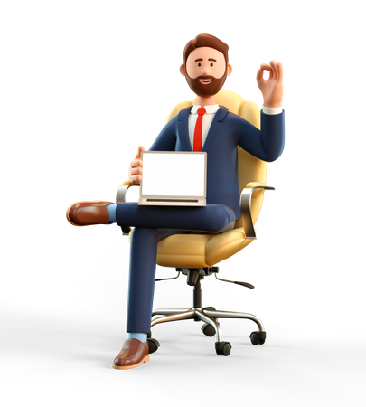 Businessman showing blank laptop screen and Ok gesture  3D Illustration