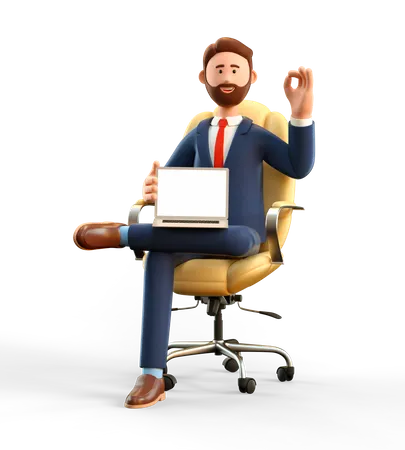 Businessman showing blank laptop screen and Ok gesture  3D Illustration