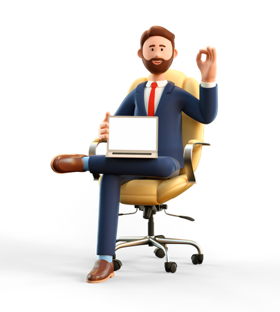Businessman showing blank laptop screen and Ok gesture 3D Illustration
