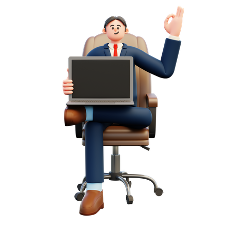 Businessman showing blank laptop screen with ok gesture  3D Icon