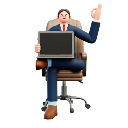 Businessman showing blank laptop screen with ok gesture  3D Illustration