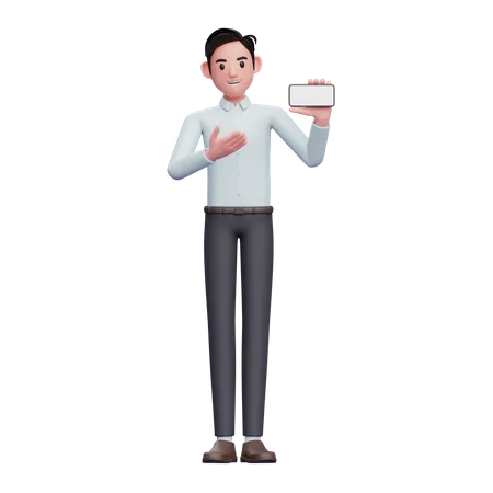 Businessman In Blue Shirt Presenting With A Landscape Phone Screen 3 D Illustration Of Businessman Using Smartphone 3D Illustration