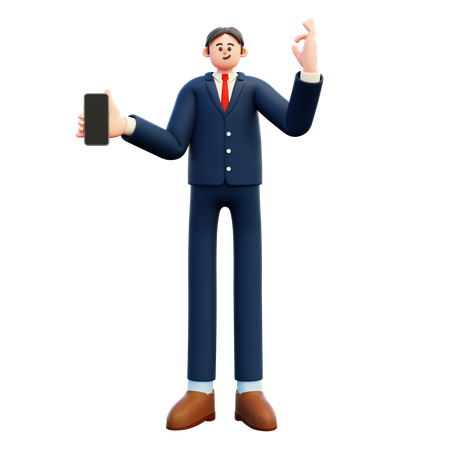 Businessman showing blank smartphone screen with ok gesture  3D Icon