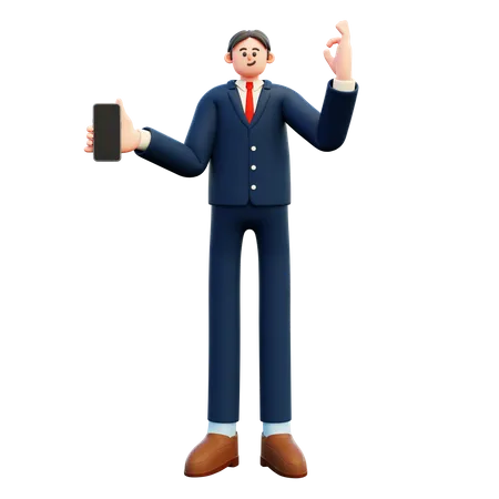 Businessman showing blank smartphone screen with ok gesture  3D Illustration