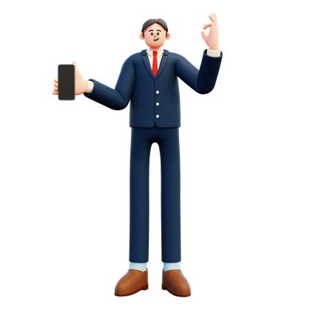 Businessman showing blank smartphone screen with ok gesture  3D Illustration