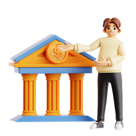 Businessman Showing Finance And Banking With Dollar Coin And Institution Building  3D Icon