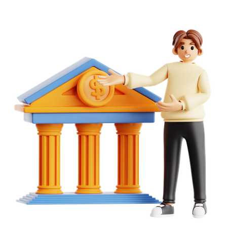 Businessman Showing Finance And Banking With Dollar Coin And Institution Building  3D Illustration