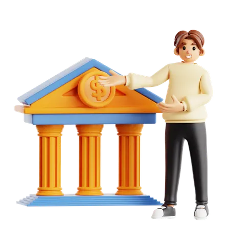 Businessman Showing Finance And Banking With Dollar Coin And Institution Building  3D Illustration