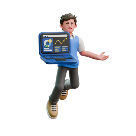 Businessman Showing Financial Analysis Report On Laptop  3D Icon