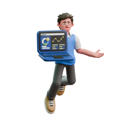 Businessman Showing Financial Analysis Report On Laptop  3D Icon