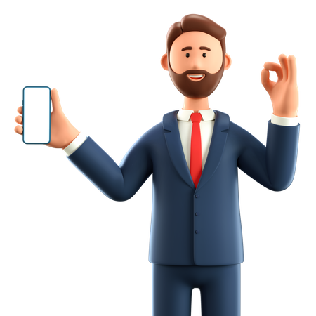 Businessman showing smartphone with blank screen and Ok gesture  3D Icon