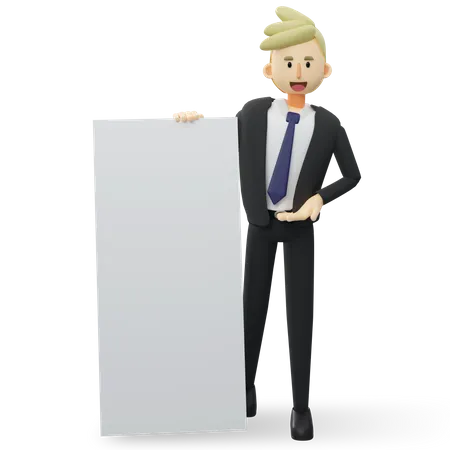 Businessman showing something in placard  3D Illustration