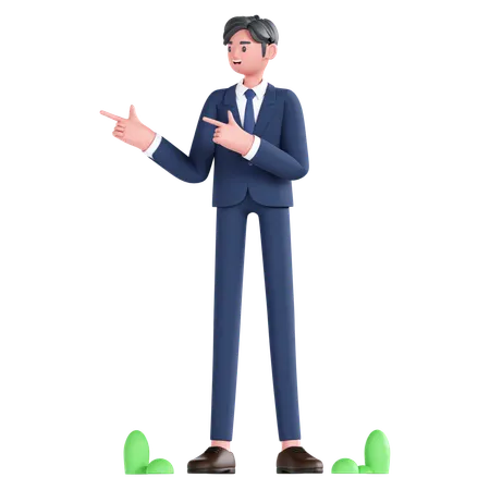 Businessman showing something on his right  3D Illustration