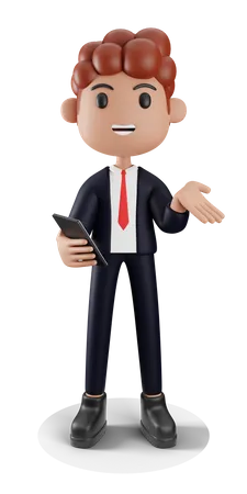 Businessman showing something while using mobile 3D Illustration