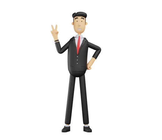 3 D Bussiness Man Character Givegive Peace Sign Gesture 3D Illustration