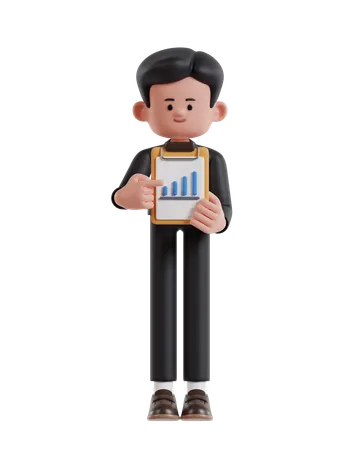 3 D Illustration Of Cartoon Businessman Shows Improvement Data On Paper Clamped To A Clipboard 3D Illustration