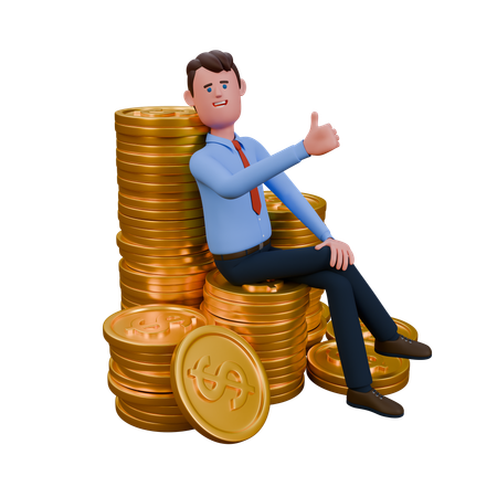 Businessman Sits On Stack Of Gold Coins And Shows Thumbs Up  3D Icon