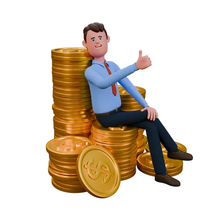 Businessman Sits On Stack Of Gold Coins And Shows Thumbs Up  3D Icon