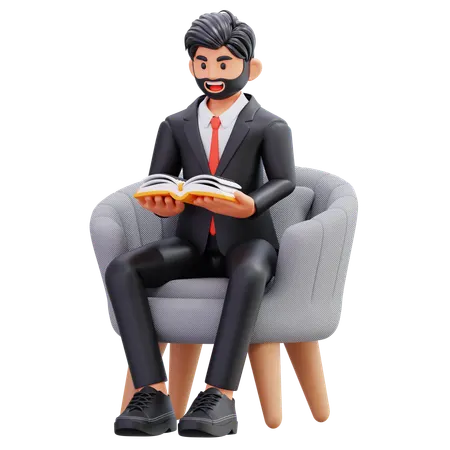 Businessman Sitting And Reading A Book  3D Illustration