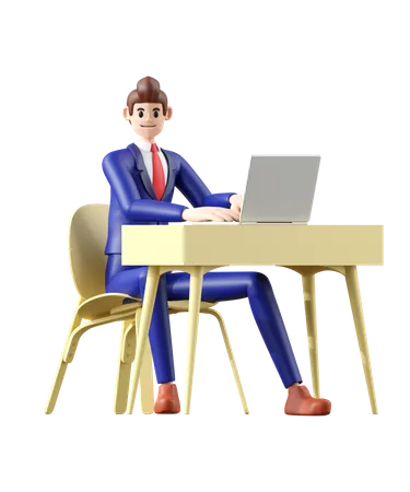 Businessman Sitting And Working On Laptop 3 D Illustration Of Cute Cartoon Smiling Isolated On White Background 3D Illustration