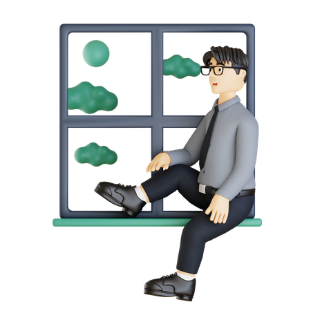 Businessman sitting at window sill  3D Illustration