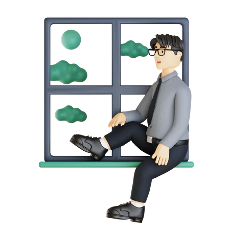 Businessman sitting at window sill  3D Illustration