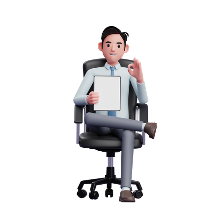 Businessman sitting in office chair holding tablet and and giving ok finger  3D Icon