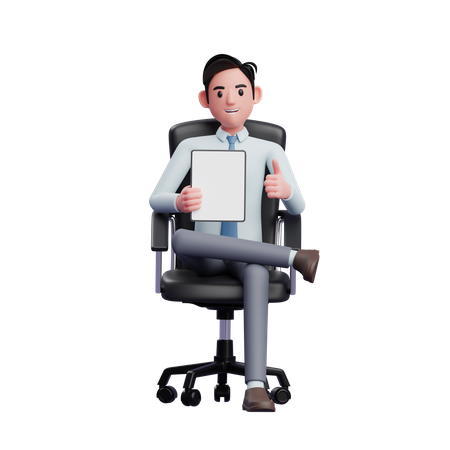 Businessman sitting in office chair holding tablet and giving thumbs up  3D Illustration