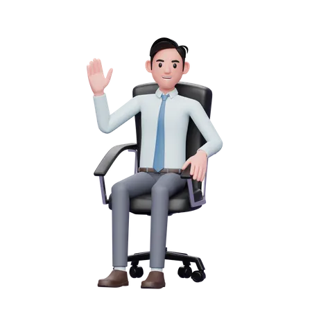 Businessman sitting in office chair waving hand  3D Illustration