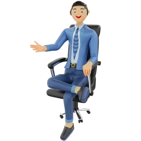 Businessman Sitting in office chair with welcome pose  3D Illustration